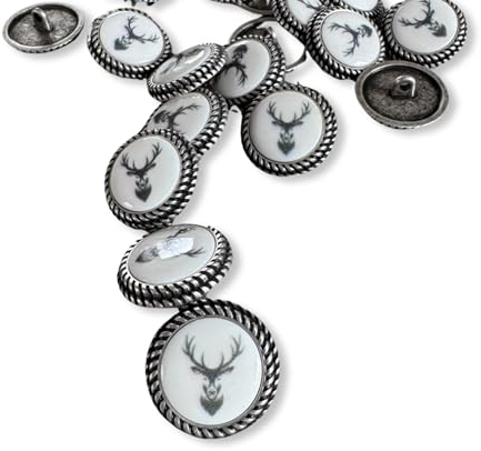 6 Stück Hirsch Motiv auf weißem Kunststoff Inlay silber matt Metallknöpfe Ösenknöpfe 15mm oder 20mm (20mm)