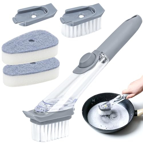 FYSL Spülbürste mit Spülmittelspender, Reinigungsbürste, Küchenbürste mit Stiel, Geschirrbürste mit 4 Ersat Bürsten Köpfe, Mehrzweck Spülbürste, Abwaschbürste Set für Topf, Pfanne, Spüle