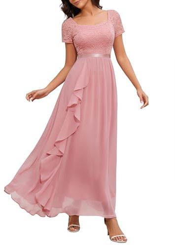 Wedtrend elegant aftonklänning lång för bröllop fyrkantig hals spetsklänning A-linje volangklänning med chiffong, Blush, 3XL