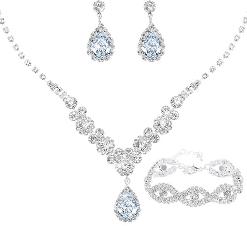 Yolev 3 Stück Brautschmuck Set Silber Damen Hochzeitsschmuck Braut Teardrop Halskette Ohrringe Armband Schmuck Set für Braut Brautjungfern Geschenk für Frauen Braut Hochzeit Party