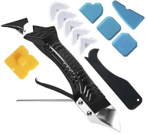 Caulking Tool 5 in 1 Silicone Caulking Grout Removal Sealant Finishing Tool with Grout Scraper, 6 Exchange Silicone Pads, Adhesive Residue Scraper Seam Repair Kit for Kitchen Bathroom White