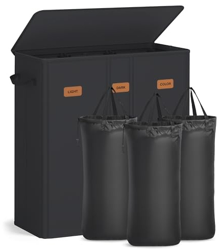 SONGMICS 3-facks tvättkorg, 160 l, med lock, 5 etiketter, avtagbar och tvättbar innerpåse, tvättstuga eller sovrum, bläcksvart RLH013B01