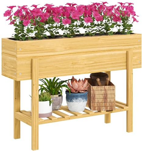 Outsunny Jardinière sur Pieds, carré Potager de Jardin sur Pieds avec 2 Trous de Drainage, Potager surélevé en Bois pour Fleurs, Herbes, légumes, 100 x 30 x 70,5 cm, Bois Naturel