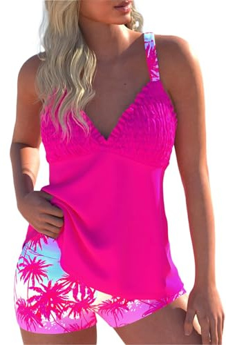 ROSEWE Womens Tankini Bathing Suits, Two-Piece Smocked Swim Dress, Print Swimsuits with Board Shorts Hot Pink