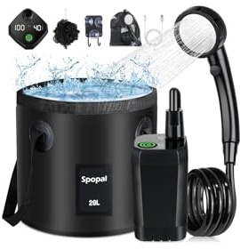 Spopal Doccia da Campeggio, Doccia Portatile Ricaricabile 6000mAh, Doccia Campeggio con 20L Secchio Pieghevole, Doccetta da Esterno con Display Digitale Intelligente per Spiaggia Campeggio Giardino