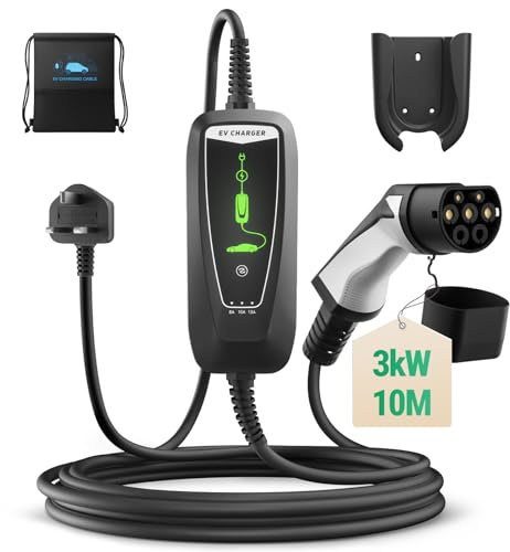 WISSENERGY EV Charger Type 2 to 3 Pin Plug, 3kW | 8A-13A | 10M Portable EV Charger, Electric Car Charger Type 2 Charging Cable with LED Indicators IP66 Waterproof for EVs & PHEV