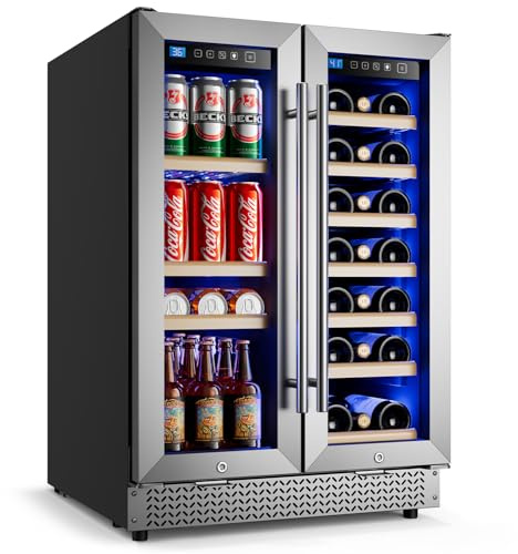 Wine and Beverage Refrigerator 24'', Dual Zone Wine Fridge Built in or Freestanding, Beverage Cooler with Glass Door holds 21 Bottles and 88 Cans, Upgrade Cooling Low Noise for Kitchen, Bar, Office