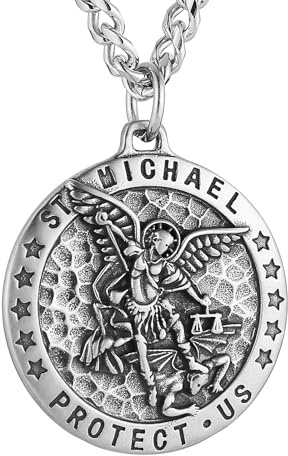 HZMAN Saint Michael Necklace for Men Stainless Steel Retro Archangel Round Medal Pendant Necklace Jewelry Gift