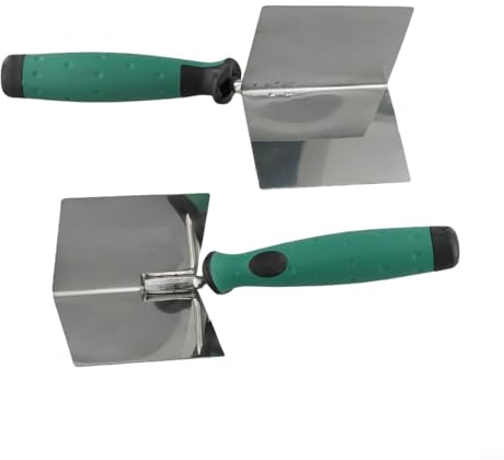 Paleta de esquina de acero inoxidable para paneles de yeso de 90 grados, ángulo interno y externo, espátula de yeso con mango de goma antideslizante para mampostería, hormigón (1 juego)