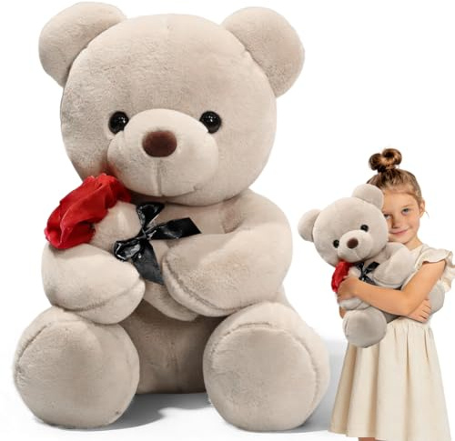 Orsacchiotto, orso di peluche, orso con rosa, orso di peluche da 45 cm con rosa, peluche giocattolo decorazione per la camera, peluche animale da coccolare, regali per mamma, bambine, compleanno, San