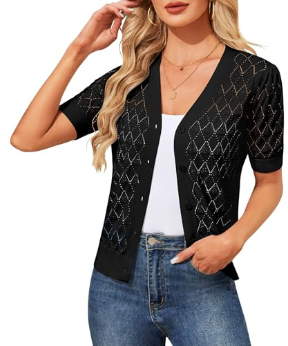 YUURQTY Gilet Femme Chic et Élégant à Manches Courtes Cardigan Court d'Été en Tricot Crochet Évidé Bolero Col en V avec Boutons pour Robe Mariage Soirée