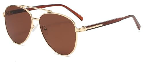Long Keeper Pilot Sunglasses for Men Women Aviation Sunglasses Retro Double Bridge Sun Glasses Metal Black Shades UV400 Protection for Driving Sports Travel (Gold Frame - Brown Lens)
