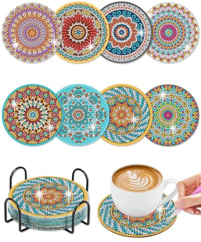 CULEB 8 Pezzi Sottobicchieri Diamante con Supporto, Sottobicchieri Diamond Painting, Sottobicchieri Mandala Fai da Te, Set di Sottobicchieri con Pittura a Diamante per Adulti & Bambini(A)
