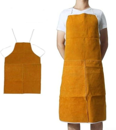 Delantal de soldadura de cuero para herreros y soldadores - Delantal protector de cuero vacuno, resistente al fuego, cuello y cintura ajustables, 65 x 95 cm, color amarillo