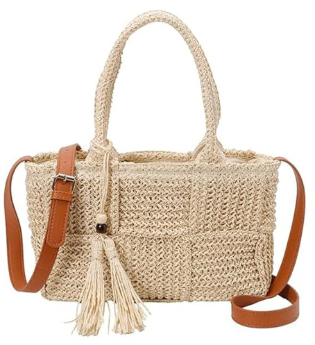 Bolso De Playa Tejido A Mano Con Borlas, Bolso Cruzado De Mimbre De Verano, Bolso De Hombro De Ganchillo Con Borlas De Paja, Correa De Hombro Ajustable