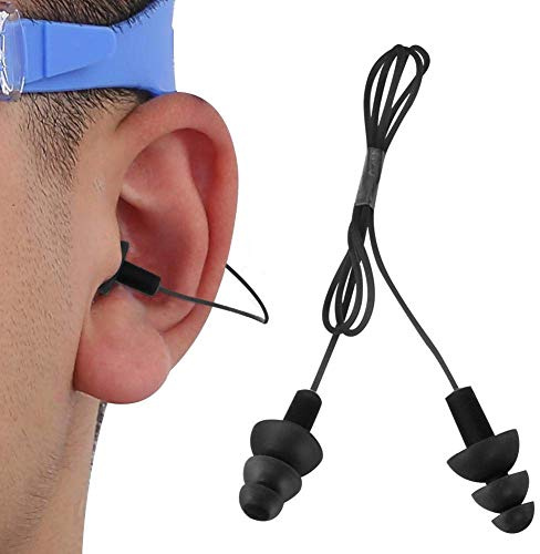Silicone Swimming Earplugs with Cord, Noise Reduction Ear Plugs, Comfortable Ear Protection for Kids Adults (Black)