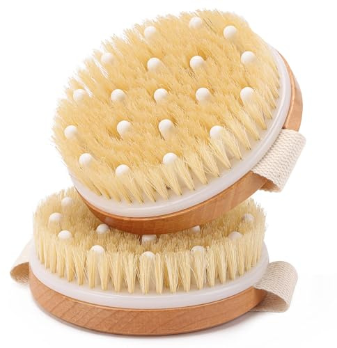 2-Pack Dry Brushing Body Brush for Lymphatic Drainage, Round Dry Exfoliating Brush with Massage Nodes for Cellulite, Dry Skin, Circulation Boost