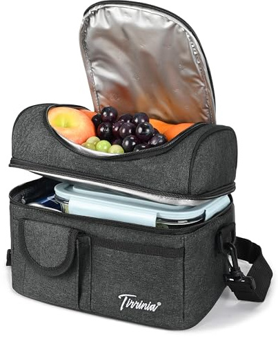 Kato Tirrinia borsa da pranzo per uomo da lavoro, borsa termica piccola borsa per alimenti da picnic fitness, doppio scomparto a tenuta stagna da 10 litri con borsa termica a tracolla, Carbone