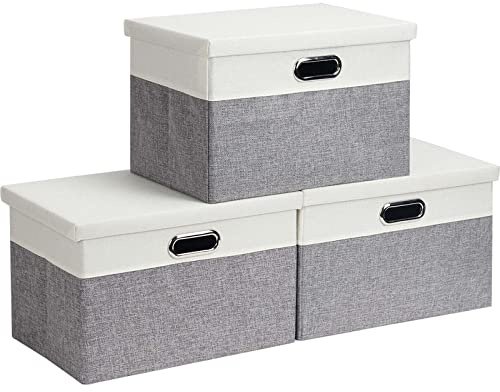 Febzoce Storage Boxes with Lids, Storage Baskets for Shelves Foldable Fabric Storage Bins Organizer for Home and Office Light Grey and White Medium Large 39 x 27 x 25 cm 3 Pack