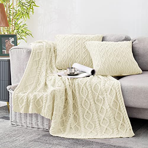 Homiest Cable Knit Throw Blanket & Pillow Set, Cream White Set of 3, Knitted Blanket (50x60) & 2 Pillow Covers (18x18), Soft & Cozy Decorative Set for Couch, Bed, Sofa