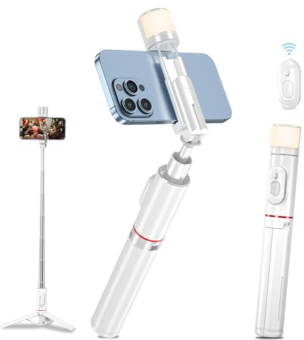 Bluetooth Selfie Stick Stativ mit Licht Füllen, 3in1 Erweiterbar Selfie Stange aus Aluminium mit Abnehmbares Drahtlose Fernbedienung, für iPhone 13/12/11 Pro/XS Max/XS/X/8/7, Samsung Smartphones(Weiß)