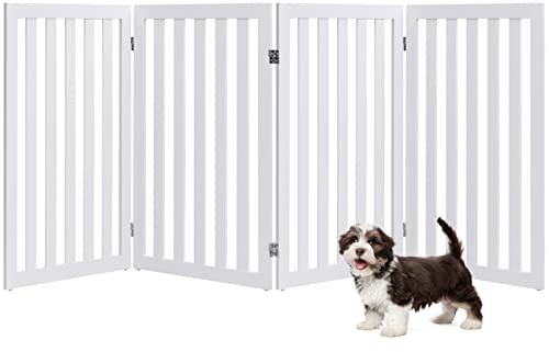 GYMAX Absperrgitter 89 cm Hoch, Faltbarer Türschutzgitter mit 4 Paneelen & 2 Stützfüße, Holzschutzgitter für Haustiere, Treppenschutzgitter mit Drehscharnieren, Hundegitter für Fluren & Treppen, Weiß