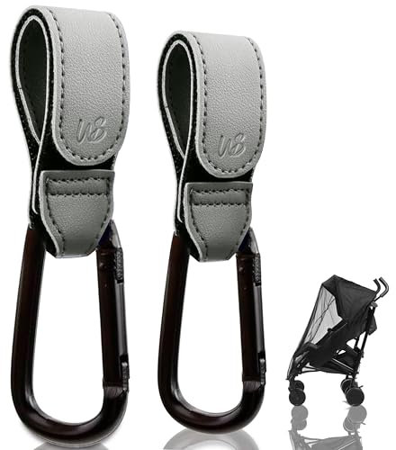 WS WorlsTrend 2 Ganchos + Mosquitera - Ganchos Carro Bebé de Cuero Sintético - Ganchos para Carrito Bebé o Silla de Paseo para Colgar Bolsas - Mosquitera Universal Ajustable - Red Antimosquitos.