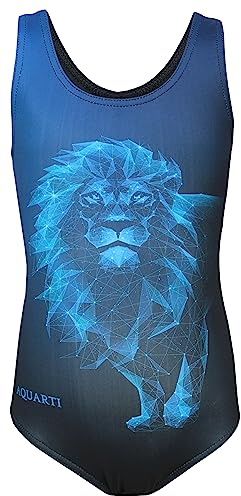Aquarti Badeanzug Mädchen – Sportlicher Mädchen Badeanzug mit Ringerrücken Print, Farbe: Löwe Blau/Schwarz, Größe: 152