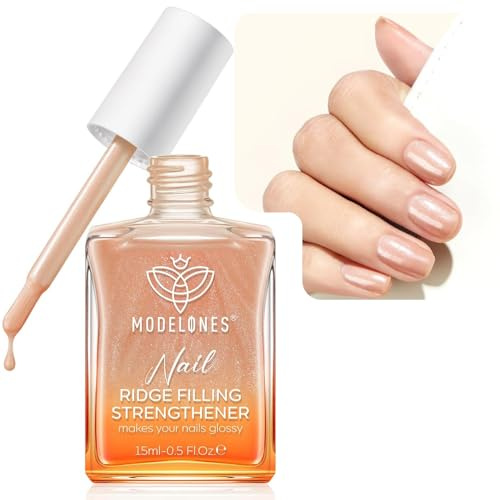 Modelones Nail Care 8 in one Ridge Filling Strengthener Treatment, Nail Polish Strengthener for Damaged and Weak Nails, Nail Hardener Extra Strong and Growth Smoothing Glitter Nude Nail Varnish 15ml