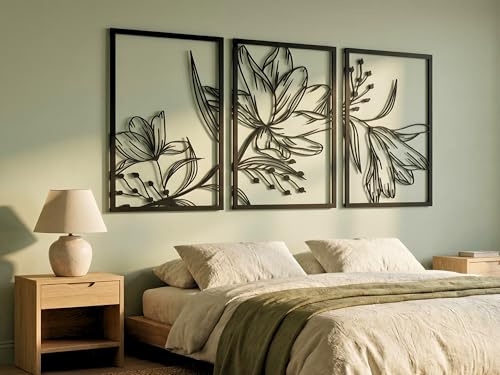 VAILLA ® Quadri con fiori Quadro moderno soggiorno Decorazioni parete in legno 3 Pannelli Decorativi da Parete Decorazioni moderni muro per salotto camera da letto Corridoio casa (Fiori 16)