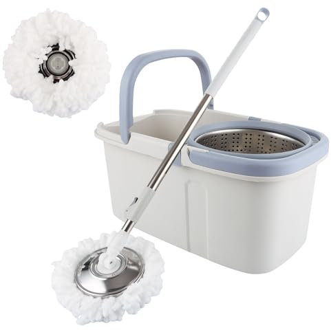 ASelected Juego de trapeador giratorio y cubo giratorio de 360° para limpiar suelos, mango de acero inoxidable, mopa extensible con almohadillas reutilizables de microfibra húmeda y seca para limpieza