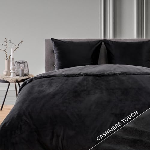 Blumtal Ropa de Cama 140x200 cm Cashmere-Touch Felpa - Funda de Edredón Oeko-Tex 140x200 + 2 Fundas 80x80 - Ropa de Cama Teddy Invierno Microfibra Suave Negra