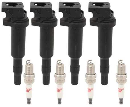 Anlseiod 4x bobine d'allumage et 4x bougie d'allumage compatible avec les séries 3 E46 E90 E91 E92 E93 série 5 E60 E84 X3 E83 Z4 E85, connecteur de bougie d'allumage de bobine d'allumage à tige OE ave