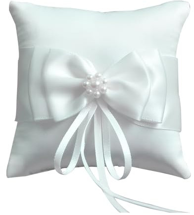 Amexo Wedding Ring Cushion Ring Bearer Pillow White Satin Bowknot Ring Bearer Pillow Romantic Ring Holder with Simulation Pearl for Proposal (20 x 20cm)