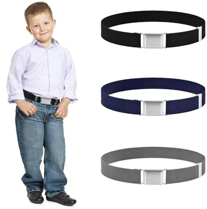 WEFINEST 3 pcs Elastic Kids Belts, 30-61cm Boys Belts For Kids with Easy Buckle, Unisex Kid Belt 4-12 Boy Adjustable Childrens Belt For Boys, Girls For All Ages (Black, Navy Blue, Grey)