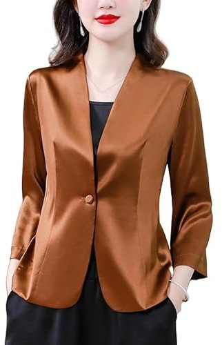 LIUYUYOUGO Satin Bolero Shrug for Women 3/4 Sleeve Open Front Cardigan Elegant V Neck Satin Blazers Business Casual Silk Jackets Shrug Tops Work Office Blazer Suit Outwear Coffee S