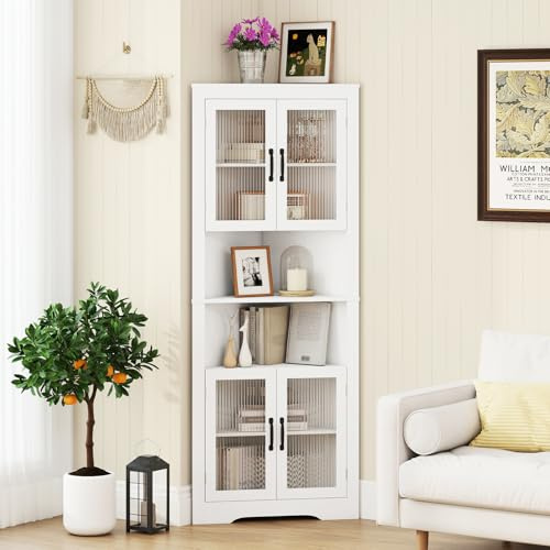 COSTWAY 6-tier Corner Cabinet, 171cm Tall Triangular Storage Cabinet with 4 Tempered Glass Doors, Adjustable Shelves & Anti-tipping device, Space Saving Wooden Sideboard Shelving Unit (White)