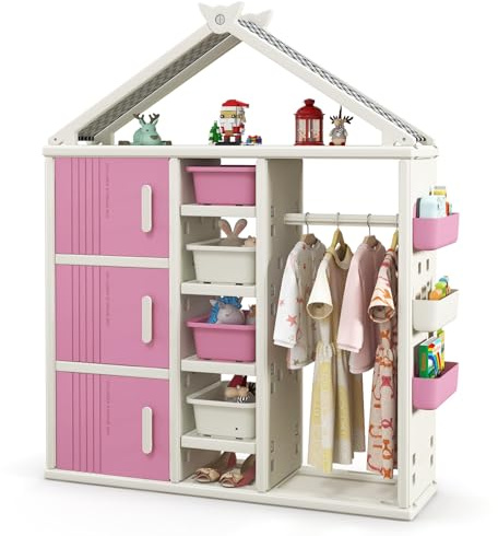 COSTWAY Armoire à Vêtements Enfant en HDPE avec Tige de Suspension & 5 Étagères & 3 Cubes, Portant à Vêtements Enfant avec Panier Ajustable, Grande Capacité, Organisateur pour 3 Ans+, 123x34x156cm