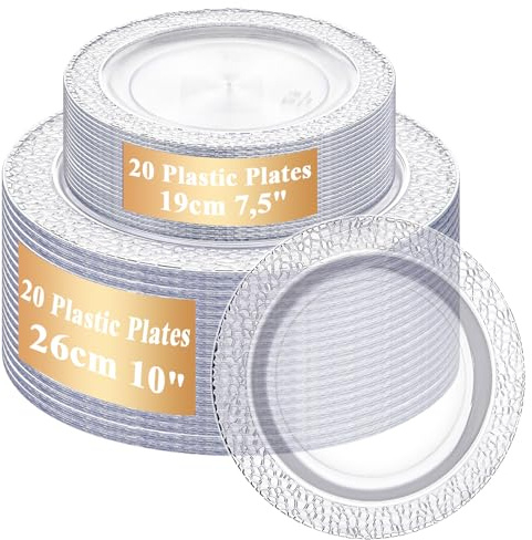 AKOLAFE 40 vita plasttallrikar med silverkant, 2 storlekar återanvändbara plasttallrikar 19 cm och 26 cm stabila plasttallrikar återanvändbara platstallrikar för bröllop, fest, födelsedagar, jul