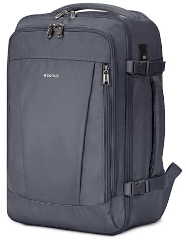 ECOHUB Rucksack 40x20x25 Ryanair Handgepäck 13 Taschen Reiserucksack Flugzeug Carry-ons Wasserdichter Rucksack Damen Klein PET-Recycelte Umweltfreundliche 20L, Patentiert(Dunkelgrau)