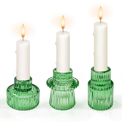 3 Piezas Candelabro Vidrio,Portavelas de Cristal para Velas y Tealight Velas,Candelabros Vidrio para Mesa Navidad Fiesta Boda Decorativos (Verde)
