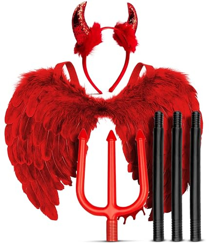 Mega_Jumble Red Devil Angel Fairy Wings, Sequin Horns Headband and Pitchfork - Halloween Women Red Devil Costume, Dark Angel Halloween Costume Party Fancy Dress Accessories Set