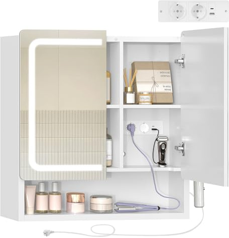 TEENFON Armario Espejo Baño con Iluminación LED, Brillo Ajustable, 3 Colores, Armario de Baño con Espejo de 2 Puertas, Toma de Corriente, Estantes Ajustables, Soporte para Secador de Pelo,60*15*65cm