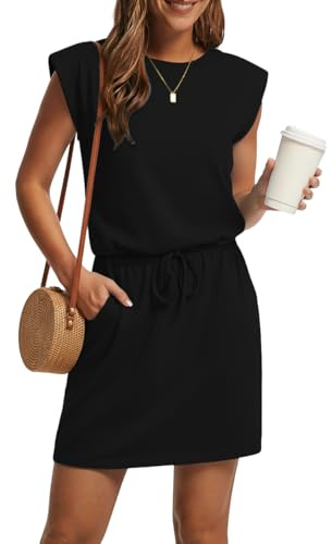 GRECERELLE Womens Summer Mini Dress Casual Round Neck Sleeveless Tie Waist Sport Mini Sundresses with Pockets