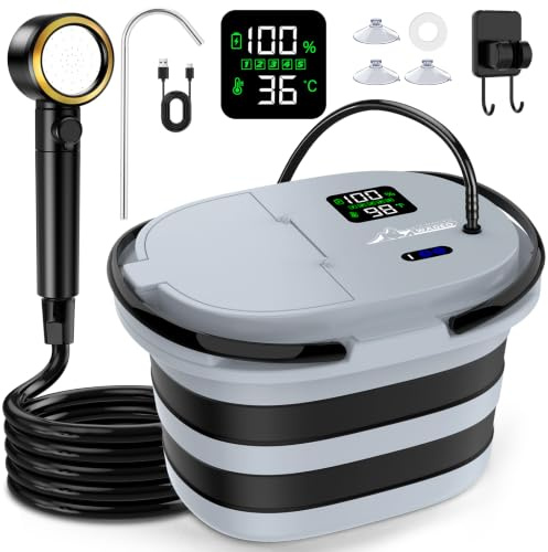 WADEO Ducha de Camping portátil [13 000 mAh], Cubo Plegable con Bomba integrada, indicador LED, 5 Niveles y 4 Tipos de Chorro, indicador LED, Kit de Ducha para Camping, Viajes, Playa y jardín - Gris