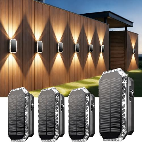 SUNNMO 4 Pezzi Lampada Solare da Esterno Alto e Basso, Applique Solare 3 Modalità IP65 Impermeabile, Faretti Lampade Luci Solari da Esterno Giardino Parete Muro Luce Calda Fredda, 3000K/4000K/6500K