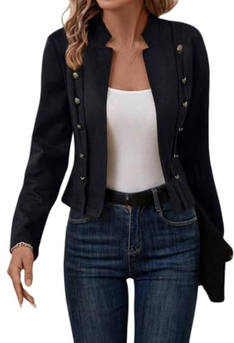 Blazer Corto para Mujer Informal Manga Larga Doble Botonadura Chaqueta Tipo Blazer Abierta Cuello Alto Abrigo De Motociclista Chaqueta De Cuero Sintético De Gamuza Negro Talla M