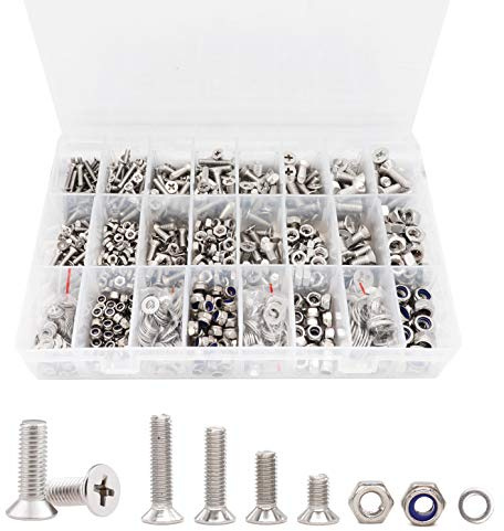 binifiMux 1020pcs M3 M4 M5 M6 Flat Phillips Countersunk Head Machine Screws Bolts Nuts Washers Assortment Kit, 304 Stainless Steel, Silver Tone