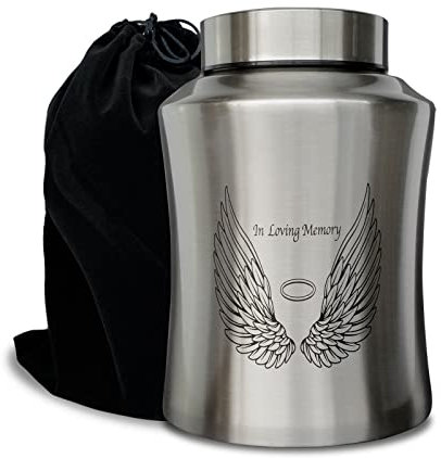 CHIEMOT Grande urne funéraire pour Cendres humaines Adultes, jusqu'à 72,5 kg, Motif Ailes d'ange et Texte «in Loving Memory», décoration funéraire pour Homme ou Femme, avec Sac en Velours, argenté