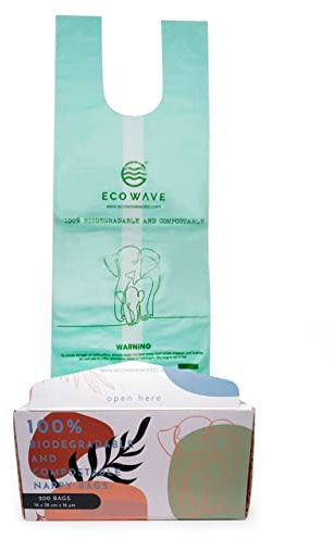 ECO WAVE Compostable Diaper Bags, 200 bags, ASTM D6400, EN 13432, US BPI and Europe OK Compost Home Certified Disposable Biodegradable Baby Poop Bags